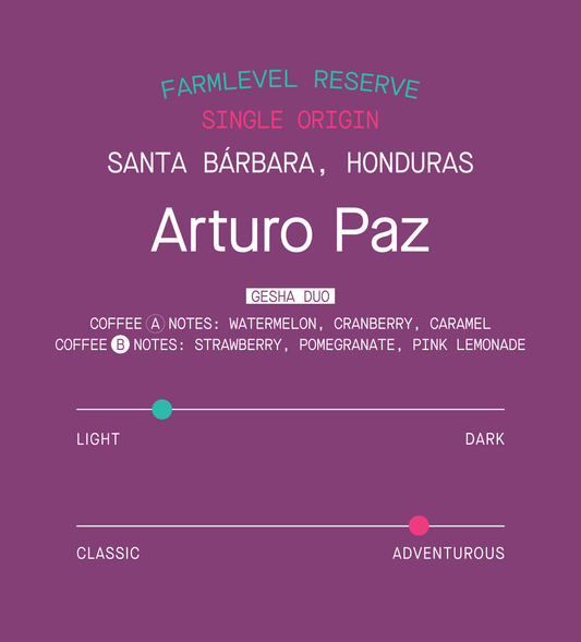 Verve Coffee Roasters - Arturo Paz Gesha Farmlevel Reserve - Scent Profile - Single Origin - Santa Barbara, Honduras - Gesha Duo - Tasting Notes: Coffee A Notes: Watermelon, Cranberry, Caramel - Coffee B Notes: Strawberry, Pomegranate, Pink Lemonade - Light + Adventurous