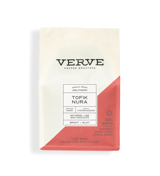 Verve Coffee Roasters - Tofik Nura - 12oz - Single Origin -  Limu, Ethiopia - Process: Washed - Variety: Ethiopian Heirloom - Tasting Notes: Nectarine, Lime, Milk Chocolate - Bright + Silky - East Africa - Seasonal - Direct Trade - Light Roast - Whole Bean Coffee 